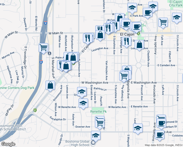 map of restaurants, bars, coffee shops, grocery stores, and more near 655 Emerald Avenue in El Cajon