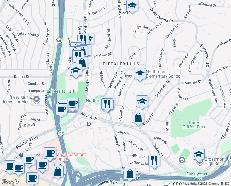 map of restaurants, bars, coffee shops, grocery stores, and more near 6050 Horton Drive in La Mesa
