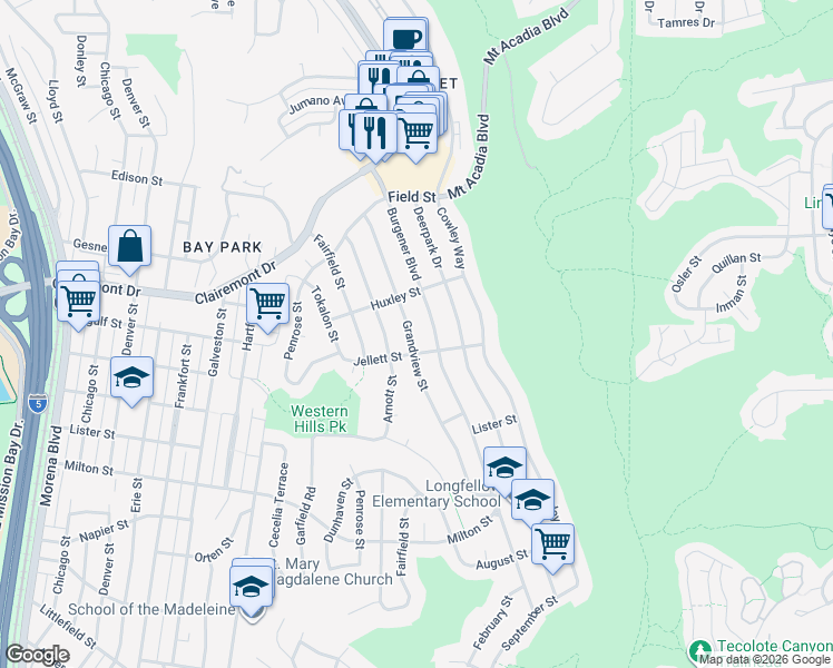map of restaurants, bars, coffee shops, grocery stores, and more near 2604 Burgener Boulevard in San Diego