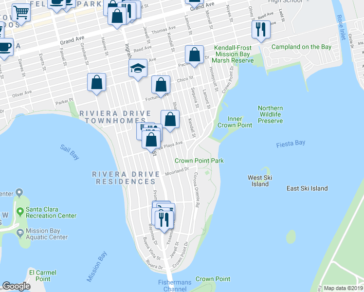 map of restaurants, bars, coffee shops, grocery stores, and more near 3722 Crown Point Drive in San Diego