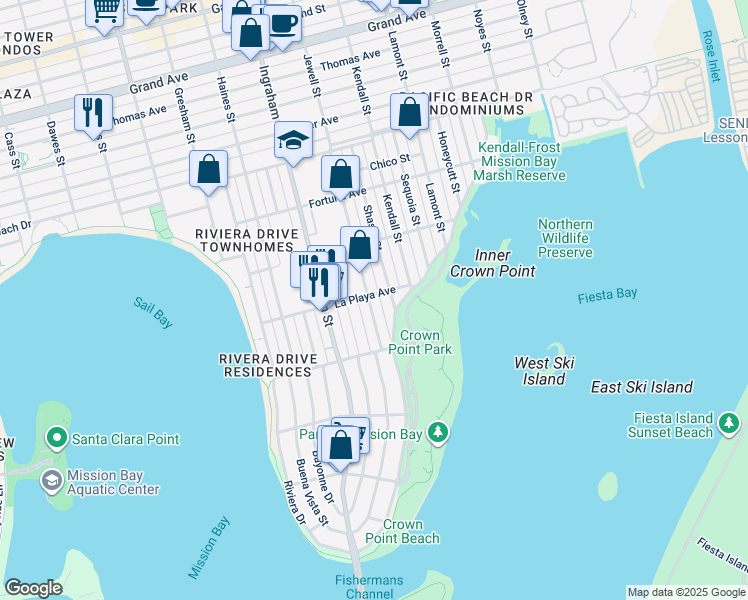 map of restaurants, bars, coffee shops, grocery stores, and more near 3722 Crown Point Drive in San Diego