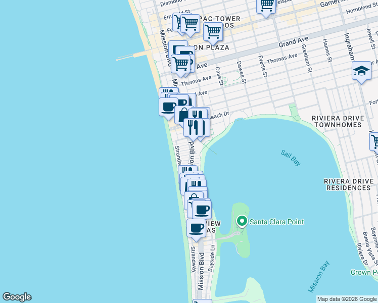 map of restaurants, bars, coffee shops, grocery stores, and more near 3944 Mission Boulevard in San Diego
