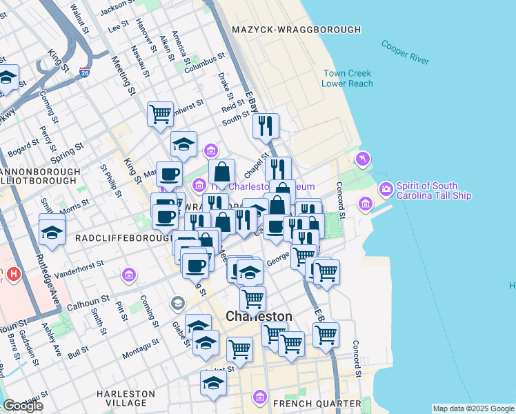 map of restaurants, bars, coffee shops, grocery stores, and more near 12 Elizabeth Street in Charleston