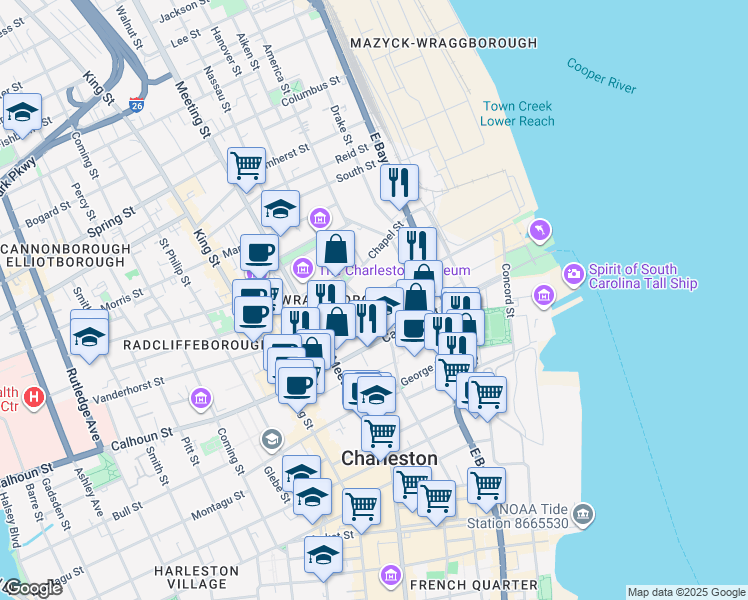 map of restaurants, bars, coffee shops, grocery stores, and more near 12 Elizabeth Street in Charleston