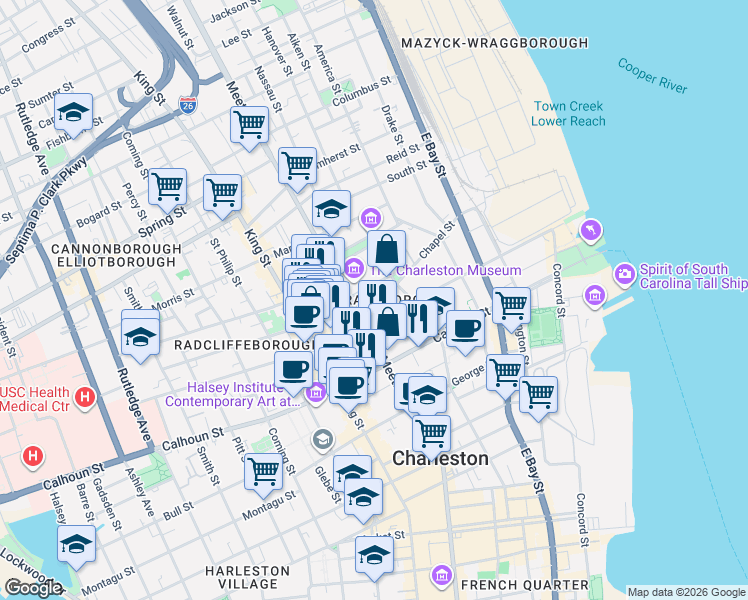 map of restaurants, bars, coffee shops, grocery stores, and more near 342 Meeting Street in Charleston