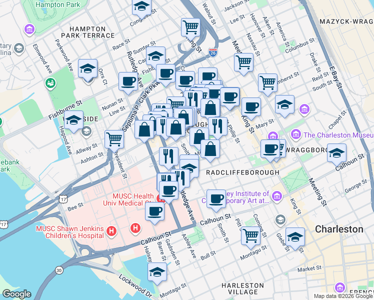 map of restaurants, bars, coffee shops, grocery stores, and more near 92 Morris Street in Charleston