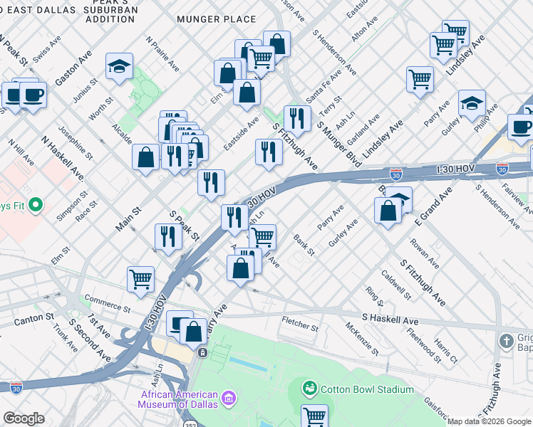 map of restaurants, bars, coffee shops, grocery stores, and more near 4529 Garland Avenue in Dallas