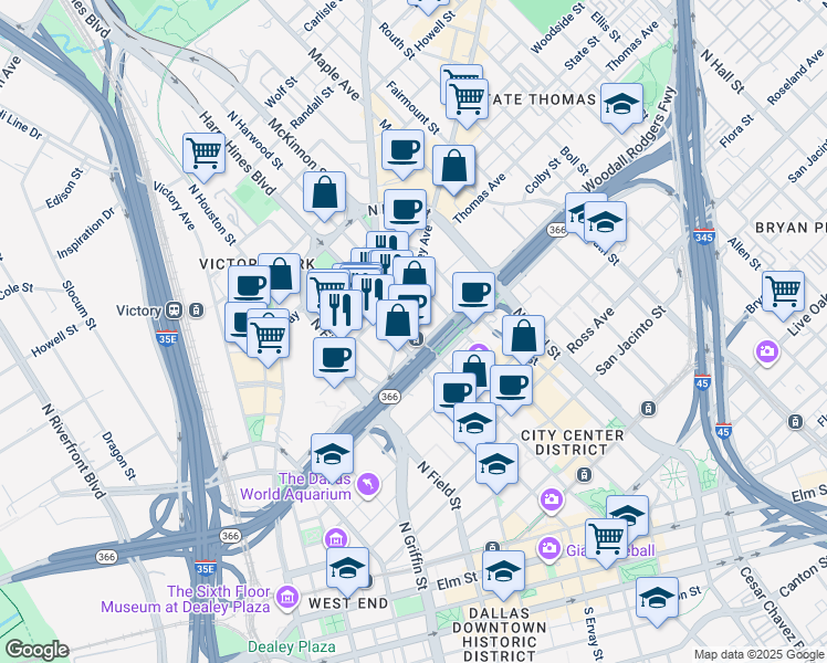 map of restaurants, bars, coffee shops, grocery stores, and more near in Dallas
