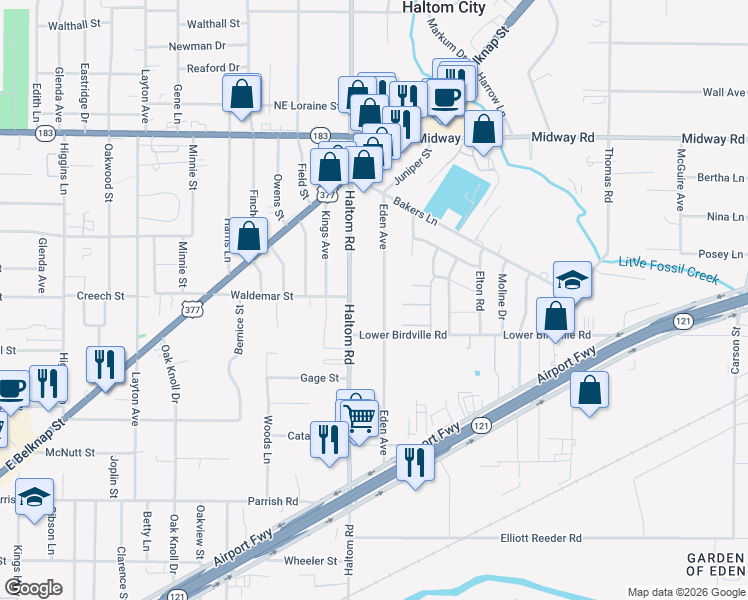 map of restaurants, bars, coffee shops, grocery stores, and more near 2009 Eden Avenue in Haltom City