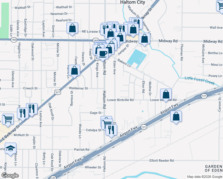 map of restaurants, bars, coffee shops, grocery stores, and more near 2009 Eden Avenue in Haltom City