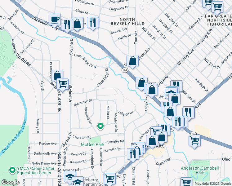 map of restaurants, bars, coffee shops, grocery stores, and more near 4850 Montrose Drive in River Oaks