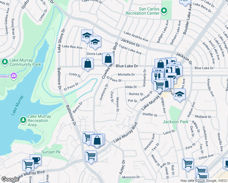map of restaurants, bars, coffee shops, grocery stores, and more near 6065 Zora Street in La Mesa