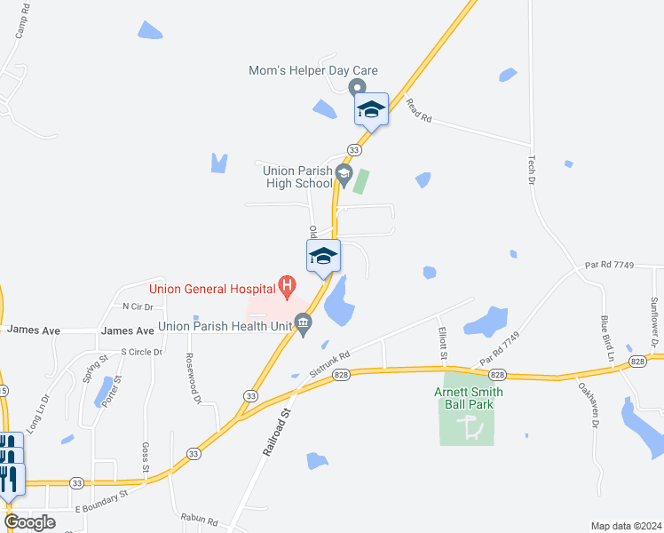 map of restaurants, bars, coffee shops, grocery stores, and more near 1126 Marion Highway in Farmerville