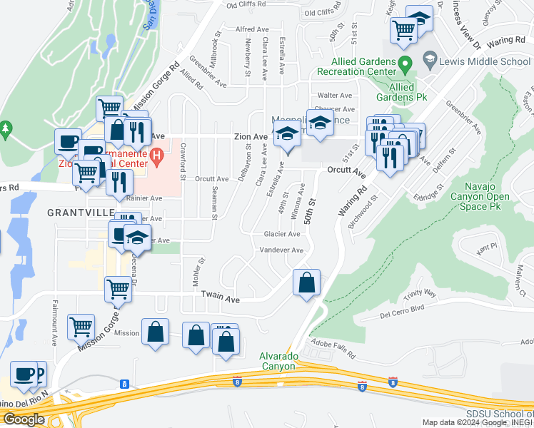 map of restaurants, bars, coffee shops, grocery stores, and more near 6371 Estrella Avenue in San Diego