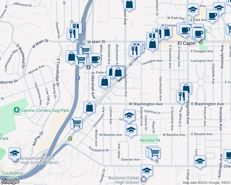 map of restaurants, bars, coffee shops, grocery stores, and more near 617 Lemon Avenue in El Cajon