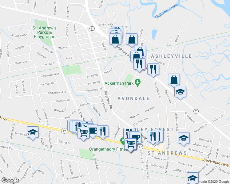map of restaurants, bars, coffee shops, grocery stores, and more near 8 Anita Drive in Charleston