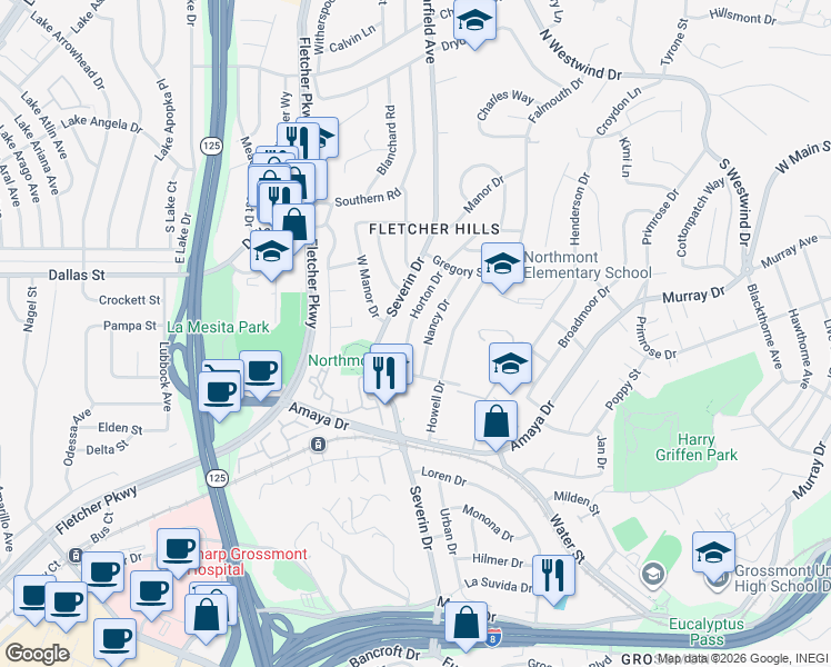 map of restaurants, bars, coffee shops, grocery stores, and more near 6050 Horton Drive in La Mesa