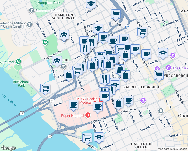 map of restaurants, bars, coffee shops, grocery stores, and more near 118 Cannon Street in Charleston