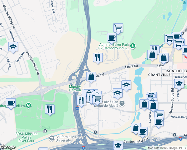 map of restaurants, bars, coffee shops, grocery stores, and more near 7022 Friars Road in San Diego
