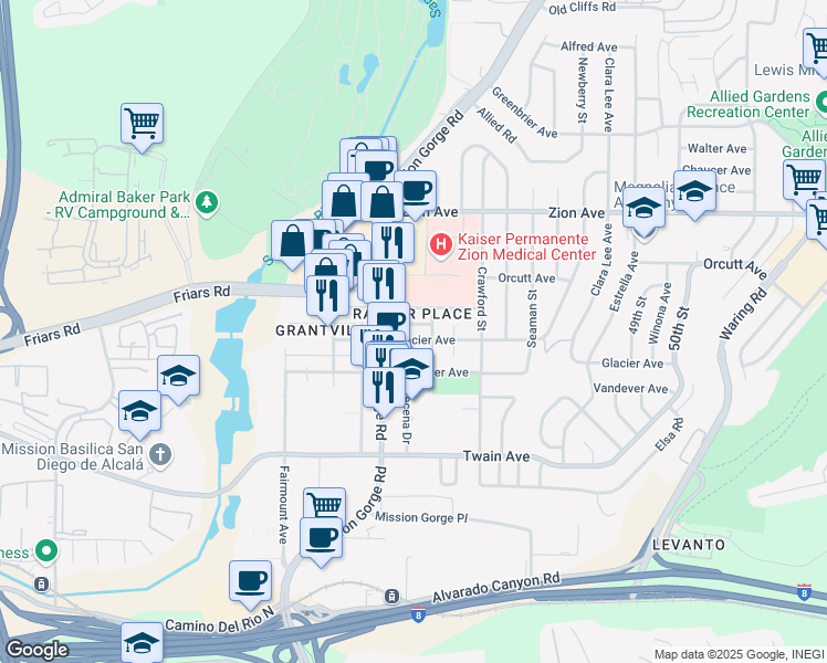 map of restaurants, bars, coffee shops, grocery stores, and more near 4540 Glacier Avenue in San Diego