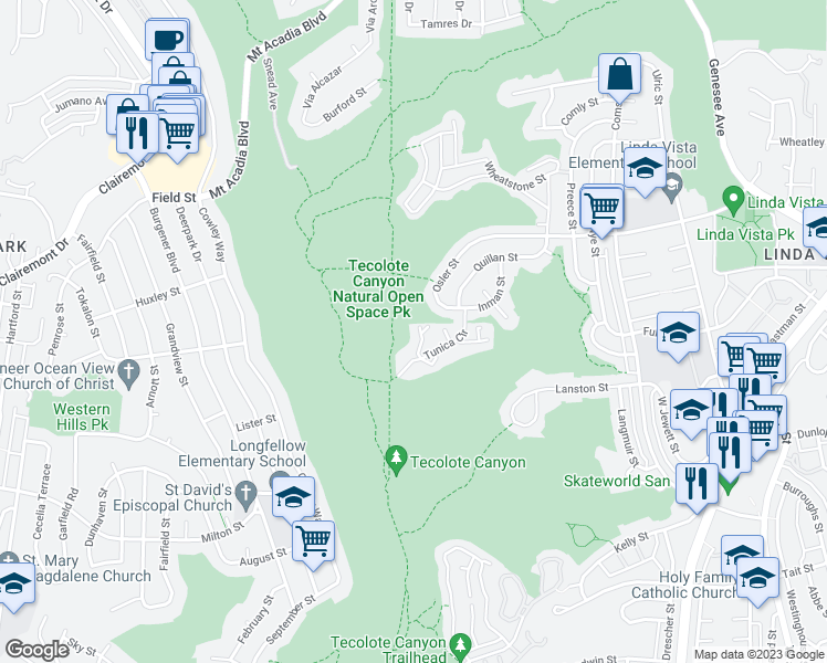 map of restaurants, bars, coffee shops, grocery stores, and more near 2482 Sendero Way in San Diego