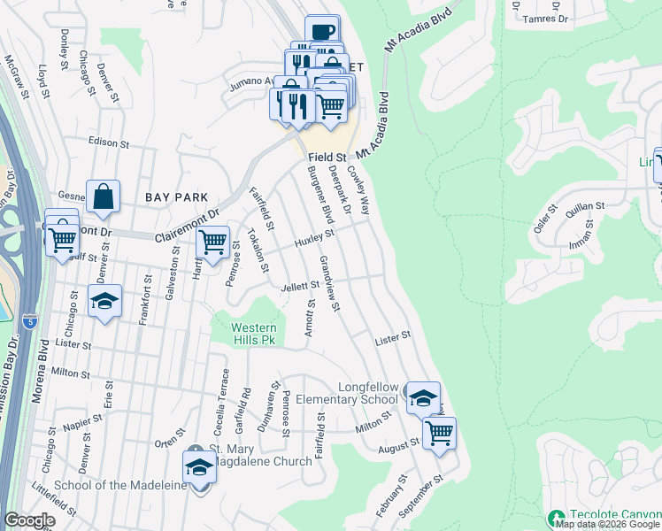 map of restaurants, bars, coffee shops, grocery stores, and more near 2604 Burgener Boulevard in San Diego