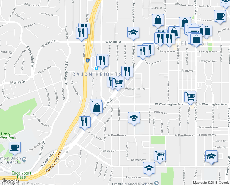 map of restaurants, bars, coffee shops, grocery stores, and more near 633 El Cajon Boulevard in El Cajon