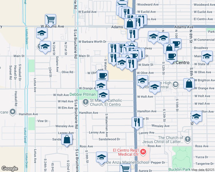 map of restaurants, bars, coffee shops, grocery stores, and more near 425 South Waterman Avenue in El Centro