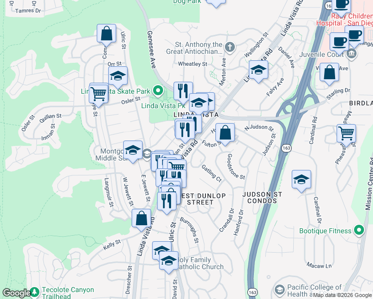 map of restaurants, bars, coffee shops, grocery stores, and more near Linda Vista Road in San Diego