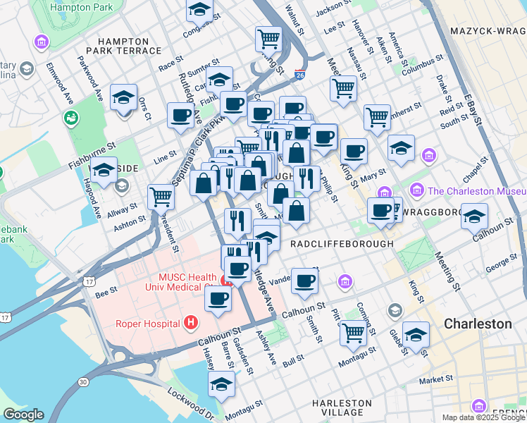 map of restaurants, bars, coffee shops, grocery stores, and more near 92 Morris Street in Charleston