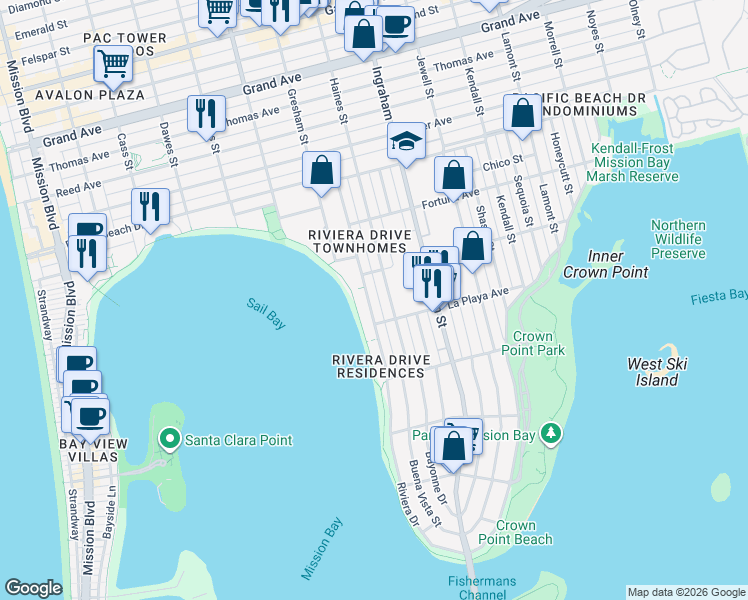 map of restaurants, bars, coffee shops, grocery stores, and more near 3843 Riviera Drive in San Diego