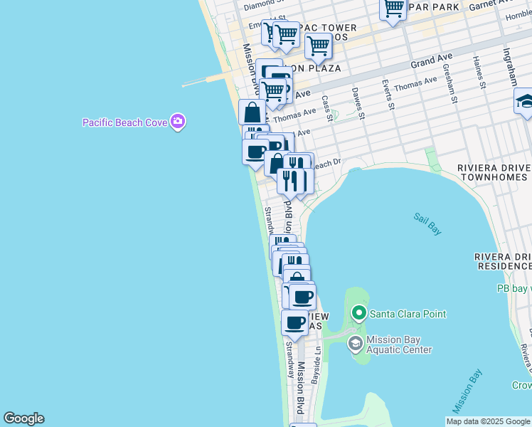map of restaurants, bars, coffee shops, grocery stores, and more near 3969 Ocean Front Walk in San Diego
