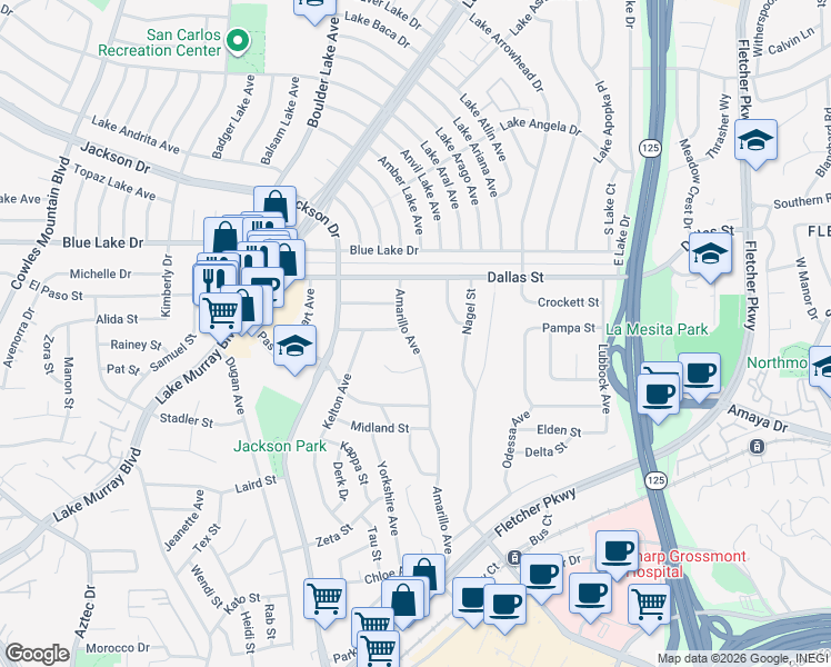 map of restaurants, bars, coffee shops, grocery stores, and more near 6071 Amarillo Avenue in La Mesa