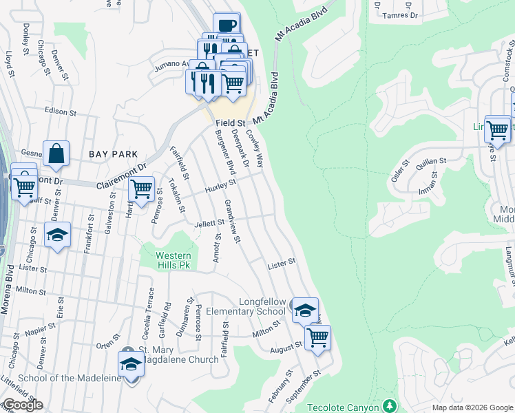 map of restaurants, bars, coffee shops, grocery stores, and more near 2557 Deerpark Drive in San Diego