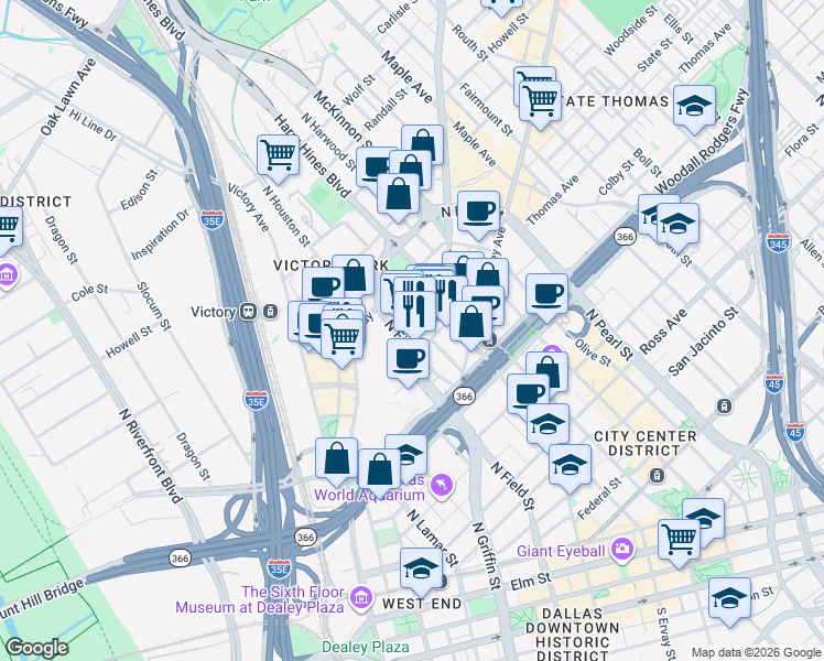map of restaurants, bars, coffee shops, grocery stores, and more near 2300 North Field Street in Dallas