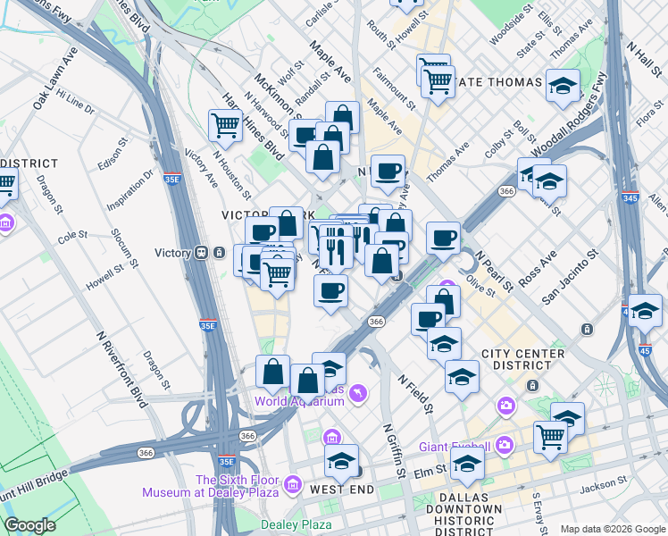 map of restaurants, bars, coffee shops, grocery stores, and more near 2300 North Field Street in Dallas