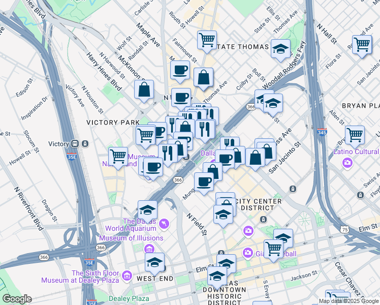 map of restaurants, bars, coffee shops, grocery stores, and more near in Dallas