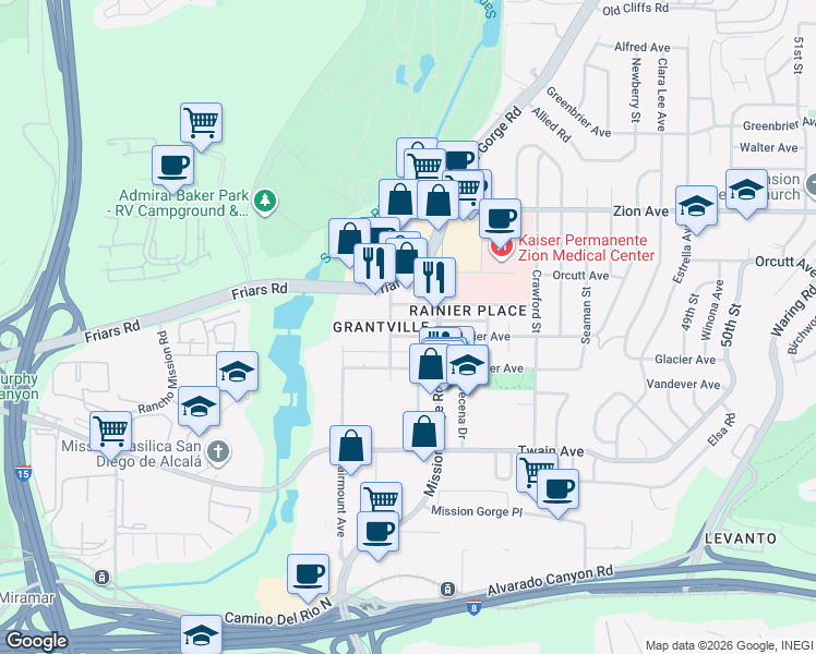 map of restaurants, bars, coffee shops, grocery stores, and more near 4421 Glacier Avenue in San Diego