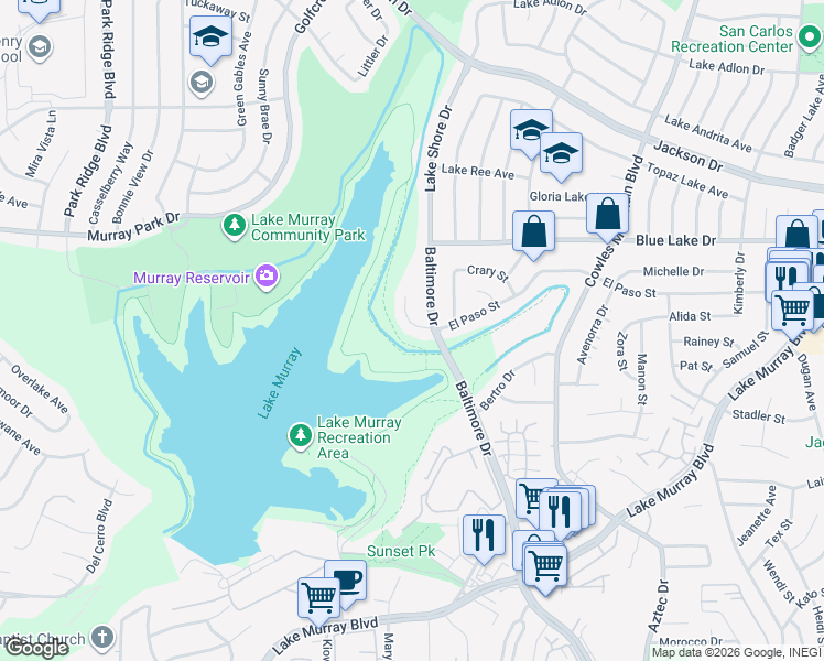 map of restaurants, bars, coffee shops, grocery stores, and more near 6106 Laport Street in La Mesa