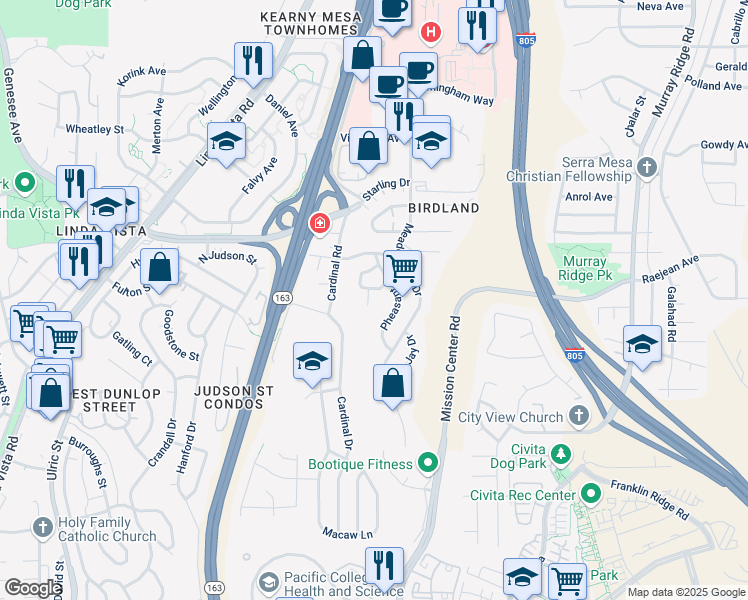 map of restaurants, bars, coffee shops, grocery stores, and more near 2602 Sprig Place in San Diego