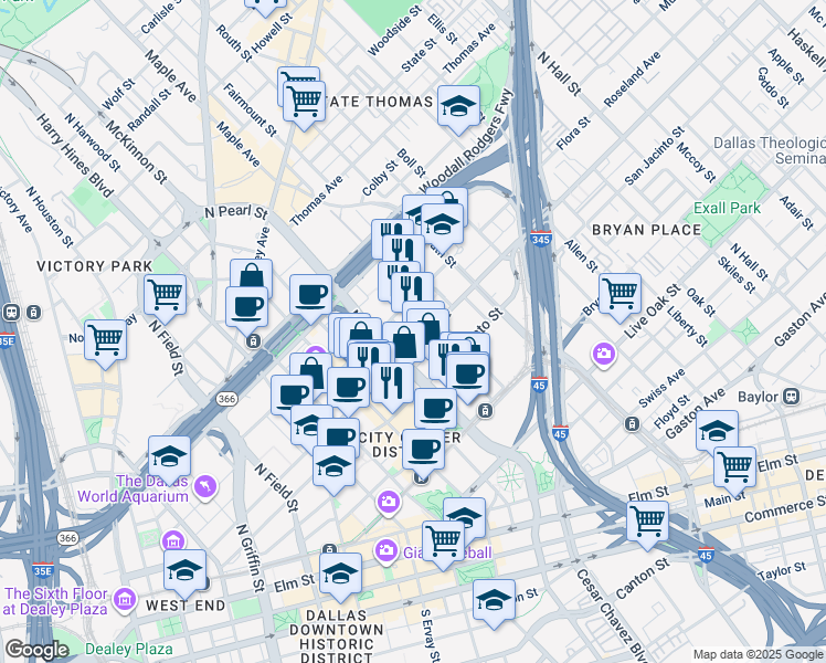 map of restaurants, bars, coffee shops, grocery stores, and more near 2323 Ross Avenue in Dallas