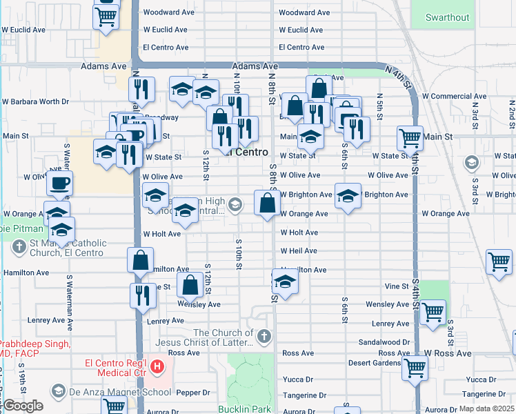 map of restaurants, bars, coffee shops, grocery stores, and more near 875 West Orange Avenue in El Centro
