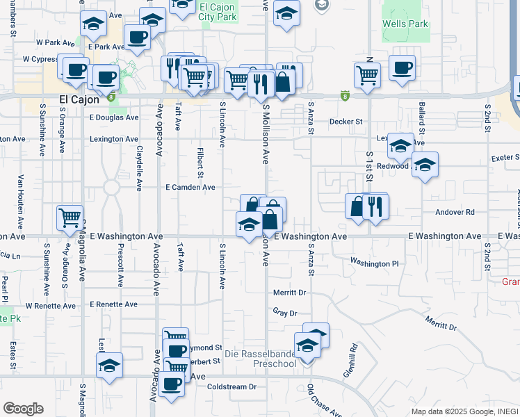 map of restaurants, bars, coffee shops, grocery stores, and more near 649 South Lincoln Avenue in El Cajon