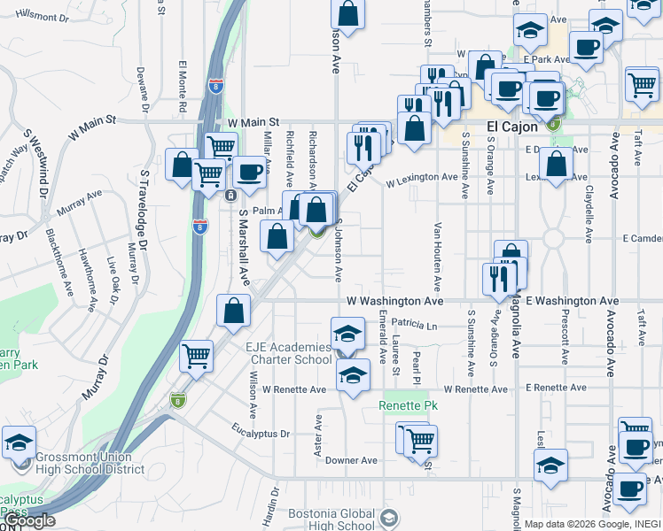 map of restaurants, bars, coffee shops, grocery stores, and more near 711 Franklin Avenue in El Cajon