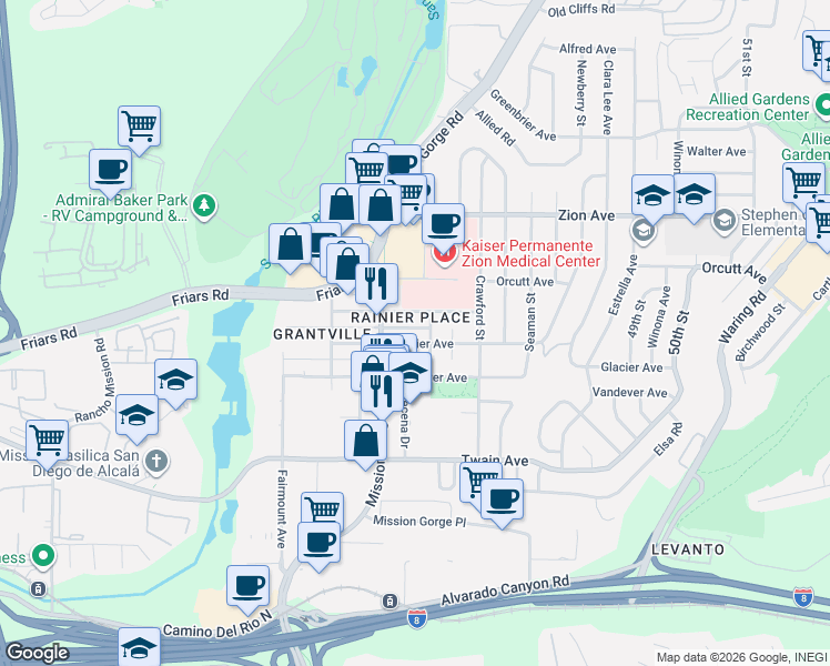 map of restaurants, bars, coffee shops, grocery stores, and more near 6250 Holabird Street in San Diego