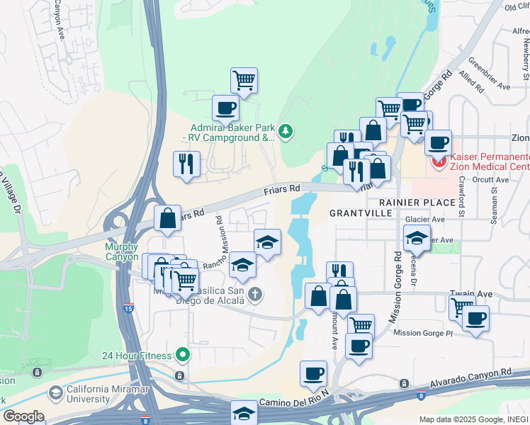 map of restaurants, bars, coffee shops, grocery stores, and more near 6365 Rancho Mission Road in San Diego