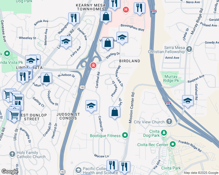 map of restaurants, bars, coffee shops, grocery stores, and more near 2602 Sprig Place in San Diego