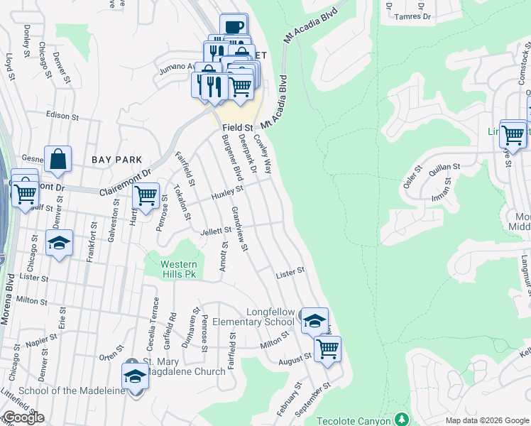 map of restaurants, bars, coffee shops, grocery stores, and more near 2557 Deerpark Drive in San Diego