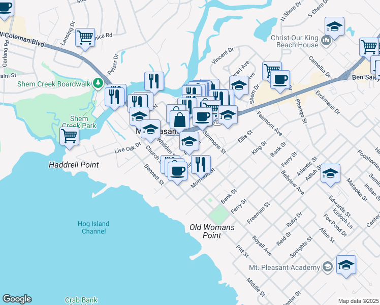 map of restaurants, bars, coffee shops, grocery stores, and more near 440 Whilden Street in Mount Pleasant