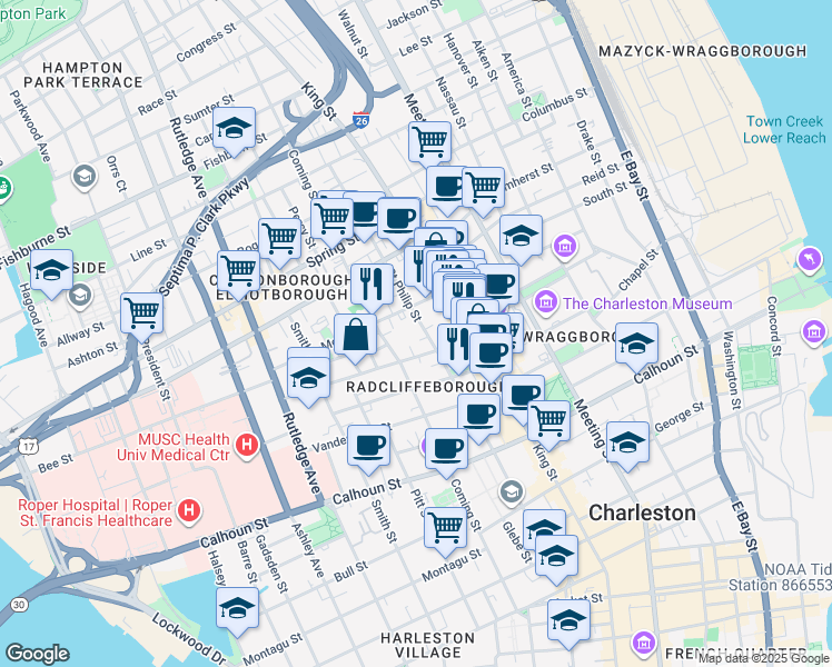 map of restaurants, bars, coffee shops, grocery stores, and more near 34 Radcliffe Street in Charleston